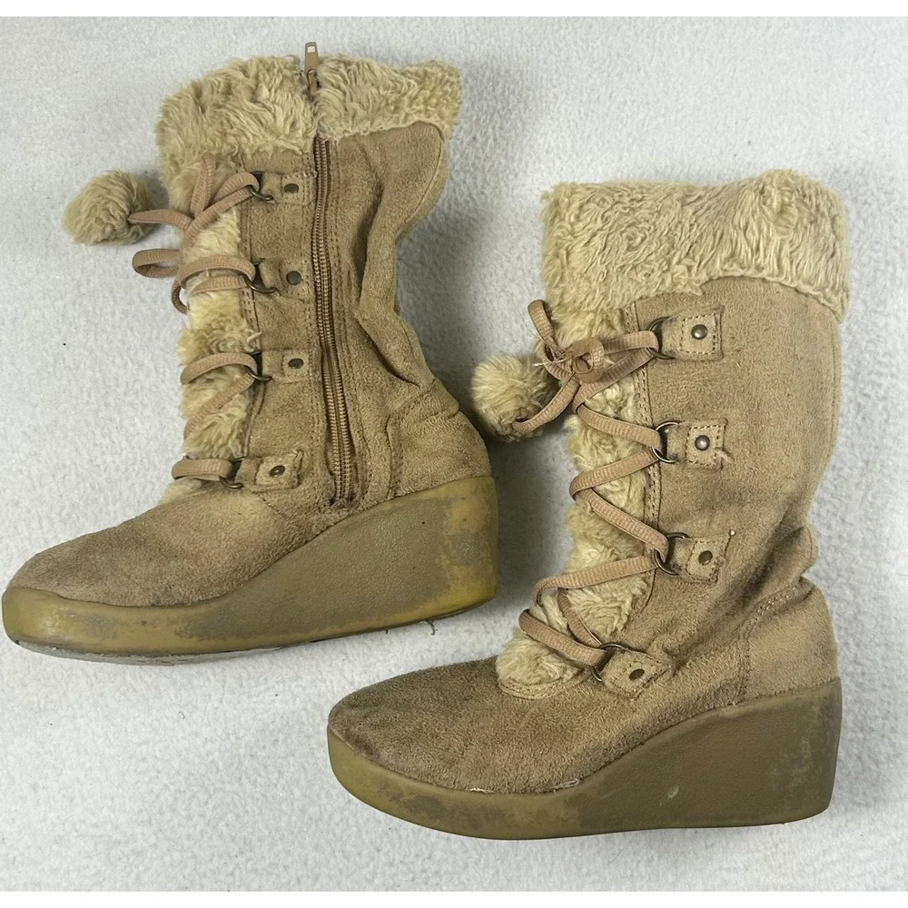 Unbranded Winter Boots Kids 12.5 Tan Faux Fur Pom Pom Snow Bunny Wedge Booties